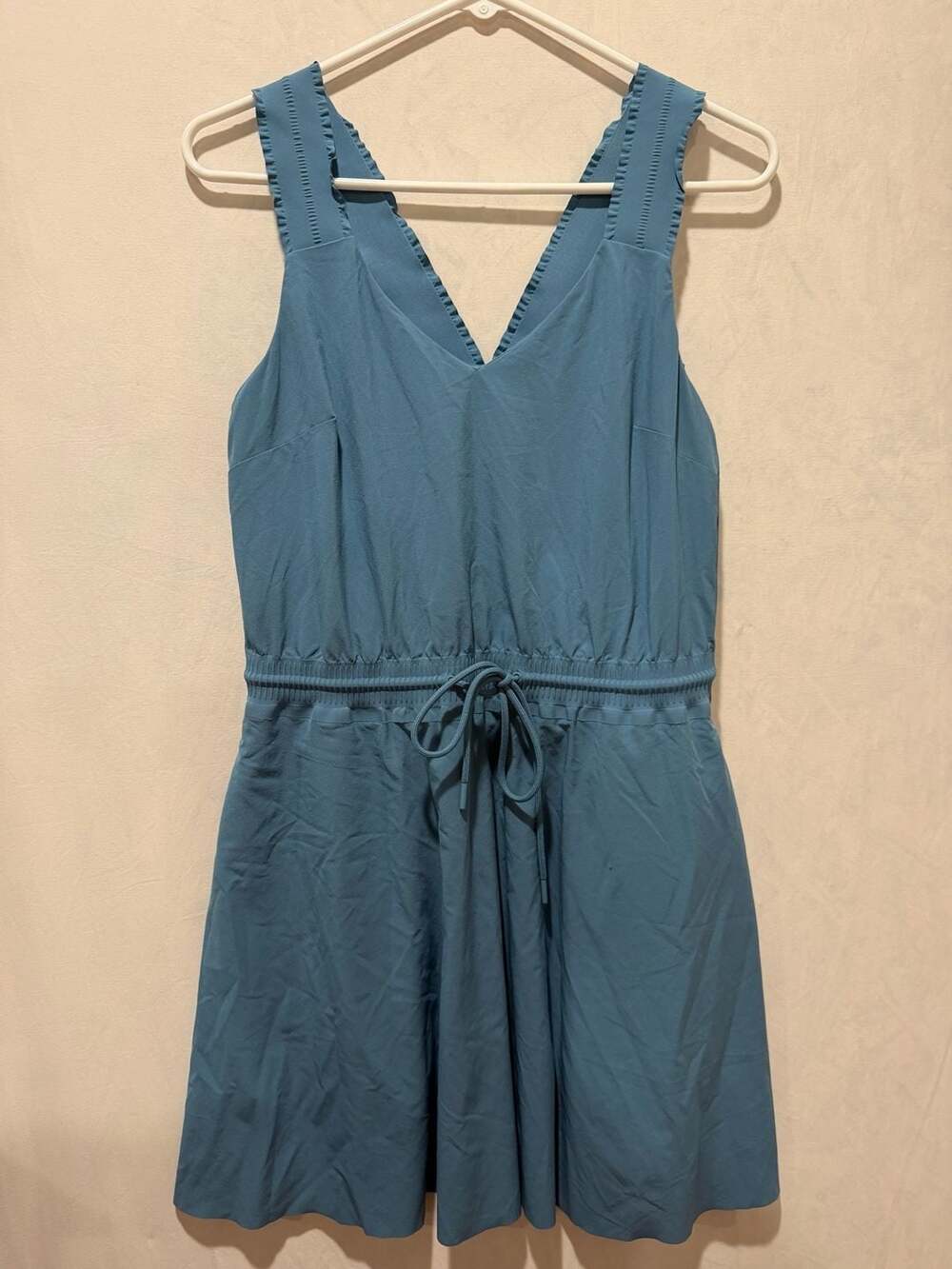 Athleta Savannah Strap Mini Dress Size S Blue Drawstring Ruffle